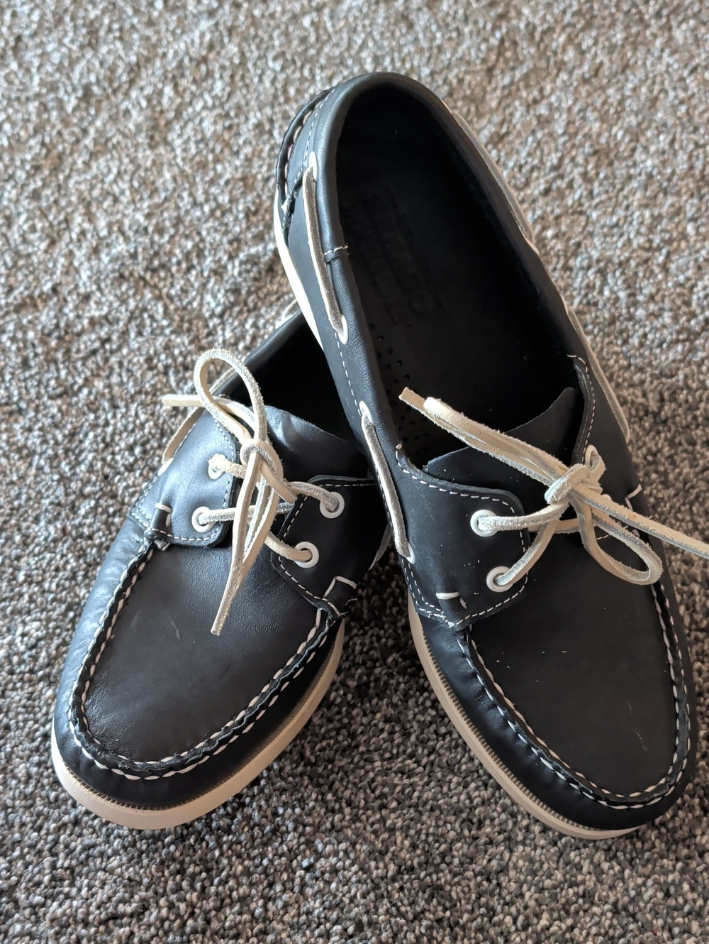 Sebago Navy Leather Boat Shoes with White Laces